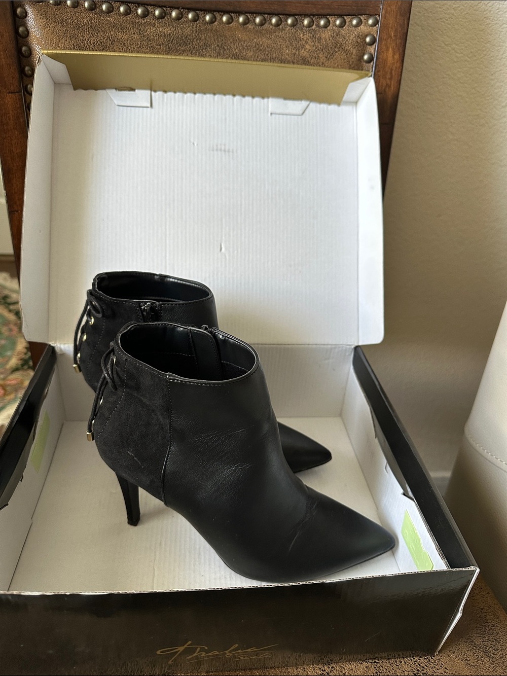 Thalia Sodi Black Pointed Toe Ankle Booties with Back Zip Detail